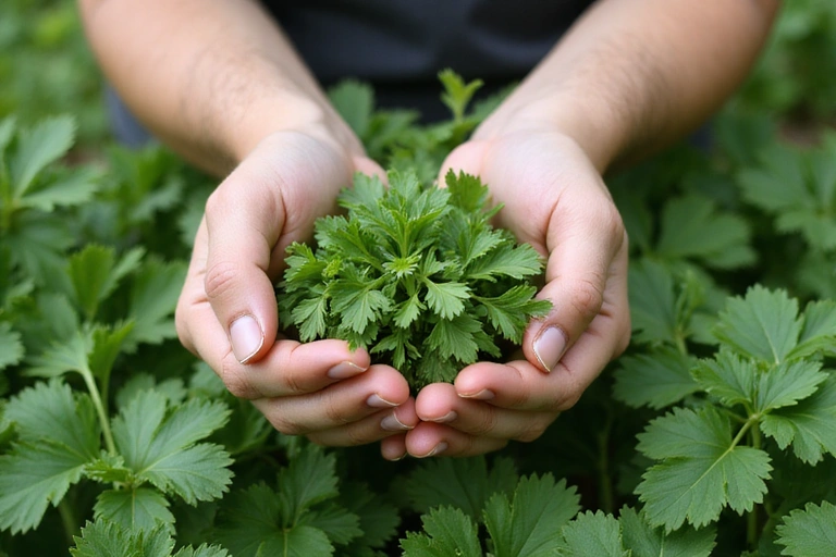 Mani che raccolgono erbe fresche in un campo, simbolo di ingredienti naturali e purezza.