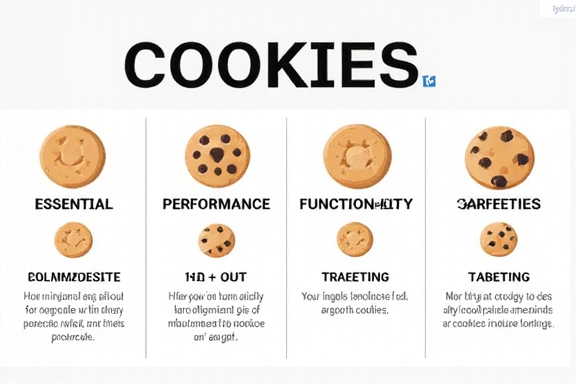 Diverse categorie di cookie: essenziali, performance, funzionalità, targeting