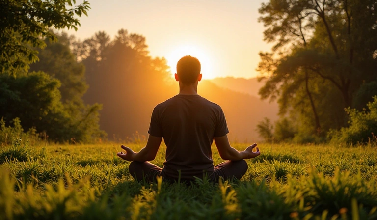 Uomo che pratica yoga all'alba, simboleggiando benessere e armonia