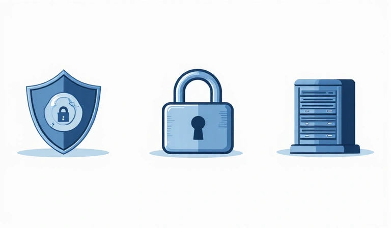 Icone che rappresentano la sicurezza dei dati, crittografia e protezione della privacy