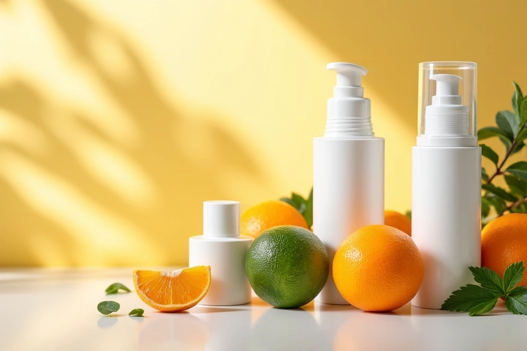 Dettaglio di prodotti cosmetici naturali su uno sfondo chiaro, con un'enfasi sulla qualità e la freschezza degli ingredienti.